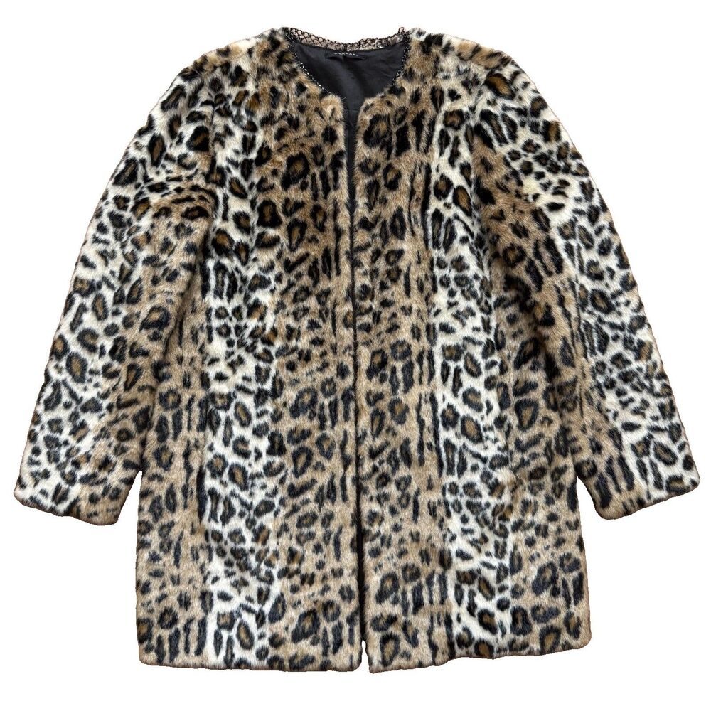 Tahari Women’s Leopard Print Faux Fur Coat Jacket Chain Trim Open Front Size L